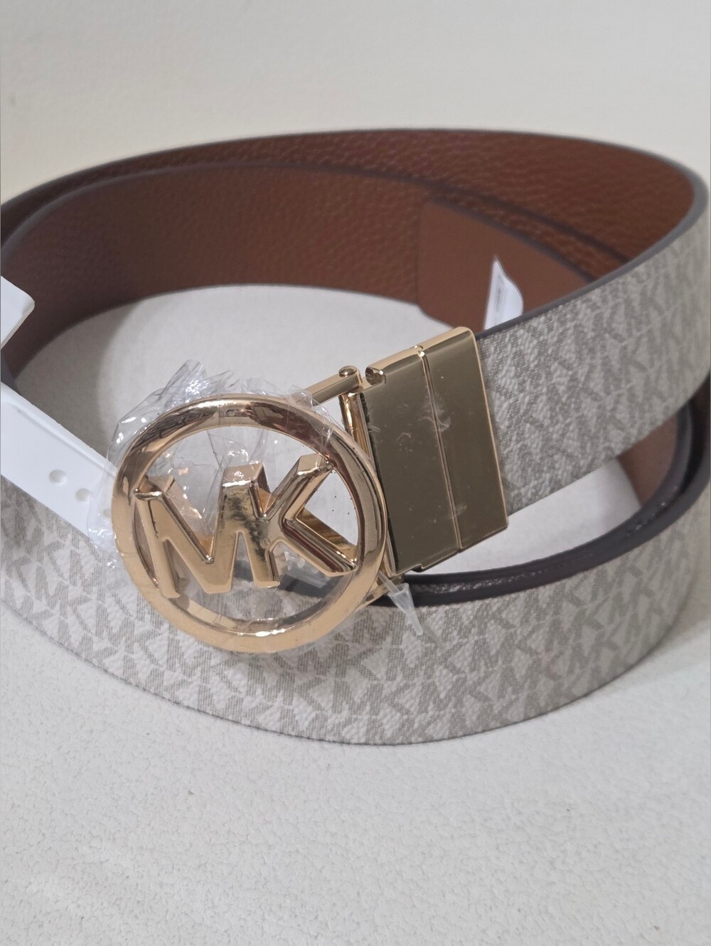 Michael Kors Beige Monogram Reversible Belt with Gold MK Buckle